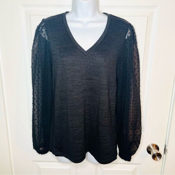 Modcloth More After Midnight Top Black Long Sleeve Sheer Polka Dot Sleeve M NWT - Picture 5 of 12